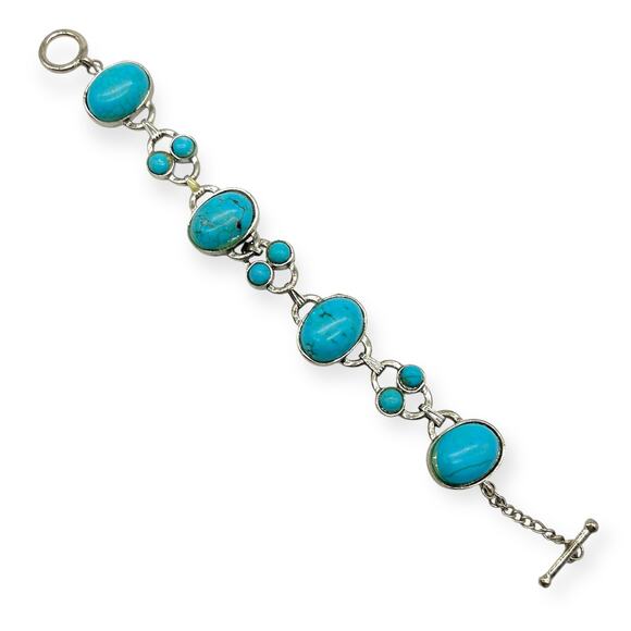 Bohemian Silver Bracelet Turquoise Blue Round Shape Semi Precious Stone Howlite - Picture 9 of 14